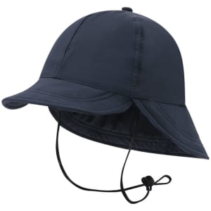 A navy cap with a wide brim and a chin strap. Features a simple design and a durable material.
