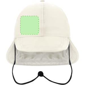 A cream-coloured cap with a wide brim and a chin strap, featuring an area for branding.