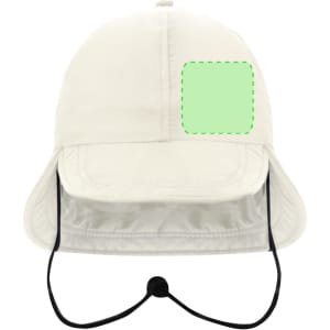 A beige cap featuring a protective flap at the back and an adjustable chin strap. It has a logo space on the front.