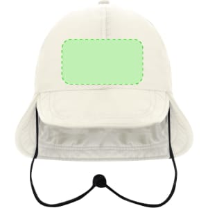 A beige cap with a wide brim, adjustable chin strap, and a blank area for branding or design.