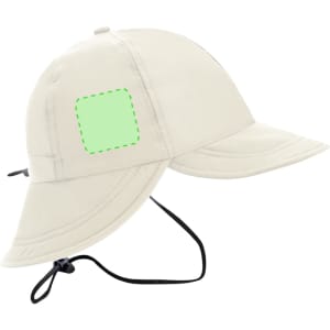 A beige cap with a wide brim and chin strap, featuring a blank space for branding.