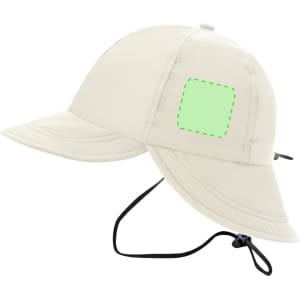 A beige cap with a wide brim, featuring an adjustable strap and a small logo area.