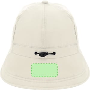 A light cream-coloured cap with a rounded top and an adjustable toggle at the back. It features a logo on the front.