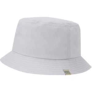 A white bucket hat featuring a stitched brim and a small logo on the side.