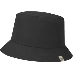 A black bucket hat featuring a simple design and a small logo on the side.