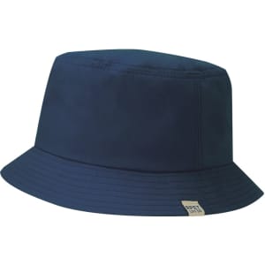 A navy blue bucket hat featuring a brand logo on the side.