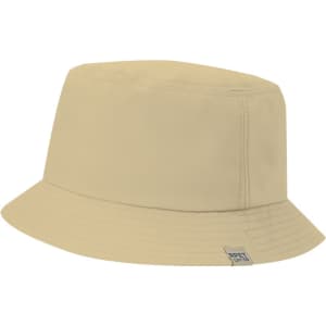 A beige bucket hat with a wide brim and a small logo patch on the side, made from durable material.