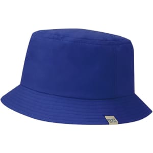 A blue bucket hat with a wide brim and a logo on the side.