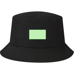 A black bucket hat with a flat brim, featuring a green rectangular area for branding.