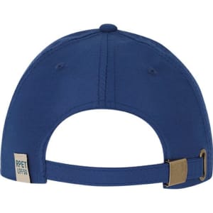 A blue cap featuring a buckle strap, with branding on the side and a rounded peak.