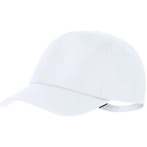A white cap with a curved brim and an adjustable strap, featuring a logo on the side.