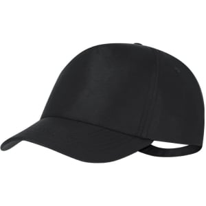 A black cap with a curved brim and an adjustable strap, featuring a small logo.