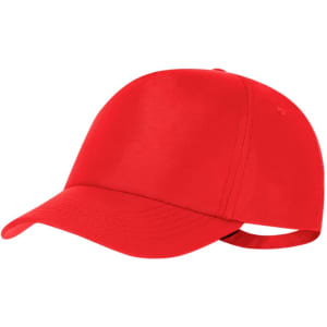 A red cap with a curved brim and an adjustable strap at the back. It features a logo on the front.