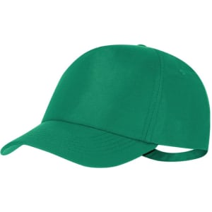 A green cap featuring a solid colour design and an adjustable strap at the back. It includes a logo.