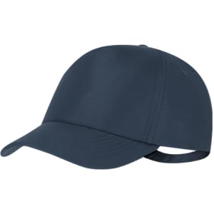 A navy cap with a curved brim and an adjustable strap at the back, featuring a logo.