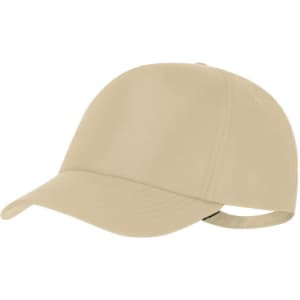 A beige cap featuring a curved brim and an adjustable strap at the back, with a logo on the side.