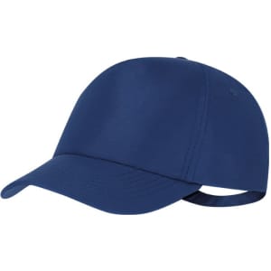 A navy cap with an adjustable strap, featuring a plain design and a curved visor. It has a logo on it.