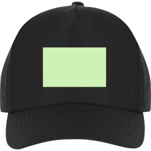 A black cap featuring a blank green rectangular area, complete with a curved brim and stitched detailing.