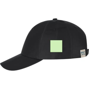 A black cap featuring a rectangular logo patch and a curved brim. The fabric is smooth and has a sleek design.