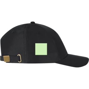 A black cap featuring a square logo in a light mint colour on the side.