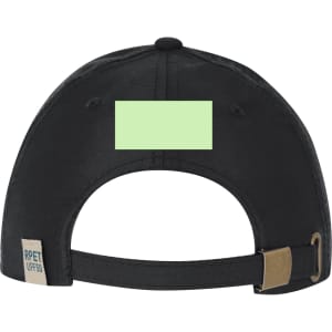 A black cap with an adjustable strap at the back, featuring a blank area and a small logo on the side.