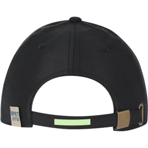 A black cap with a rear adjustable strap and a logo. It features a smooth fabric texture.