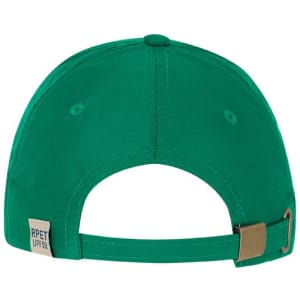 A green cap with a back strap and logo detail, designed for headwear promotion.