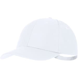 A white cap with a curved brim and adjustable strap, featuring a logo.