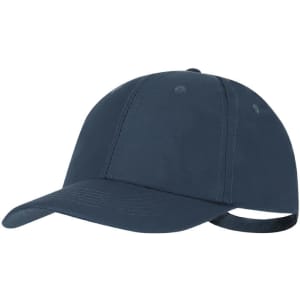 A navy blue cap featuring a curved brim and an adjustable strap at the back. It includes a logo on the front.