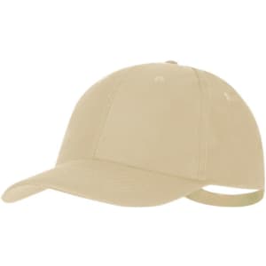 A beige cap with a curved brim and adjustable strap at the back, featuring a branding logo.