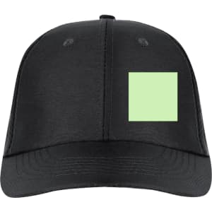 A black cap with a square area in a light green colour, featuring a logo on the front.