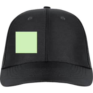 A black cap featuring a square patch in a light green colour on the front. It has a logo on the side.
