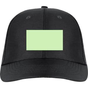 A black cap featuring a blank rectangular area, designed for customisation. It has a logo on the front.