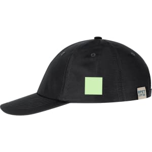 A black cap with a square patch of light green and a logo tag.