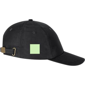 A black cap with a green square logo on the side and an adjustable strap at the back.