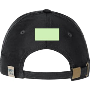 A black cap with an adjustable strap at the back, featuring a logo and a blank area for customisation.