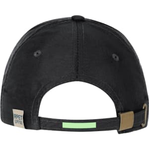 A black cap featuring an adjustable strap at the back and a small logo tag.