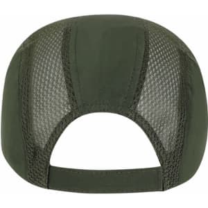 A green cap featuring a mesh panel at the back and a logo on the front.