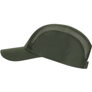 A green cap featuring a mesh back and a curved brim, with a logo on the side.