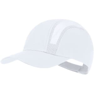 A white cap featuring mesh panels and an adjustable strap. It includes a logo on the front.