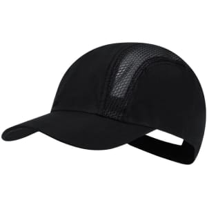 A black cap featuring mesh panels and a curved brim, designed for comfortable headwear.