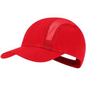 A red cap featuring a mesh panel for breathability and a curved visor. It includes an adjustable strap at the back.
