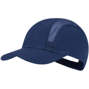 A navy cap with a mesh panel and an adjustable strap at the back. It features a curved brim and a logo.