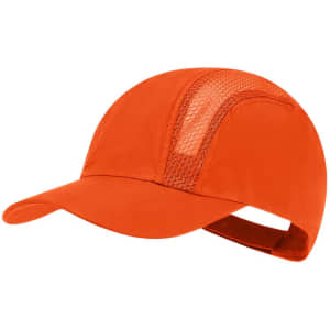 An orange cap with a mesh panel and an adjustable strap at the back, featuring a logo.