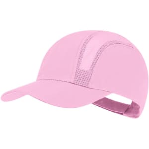 A pink cap featuring a mesh design and an adjustable strap at the back. It has a logo on the front.