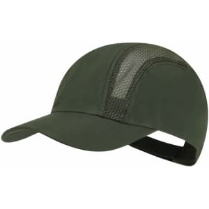 A dark green cap featuring a mesh panel and an adjustable strap at the back.