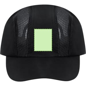 A black cap featuring a mesh design and a green square patch on the front. It has a sleek, sporty look.