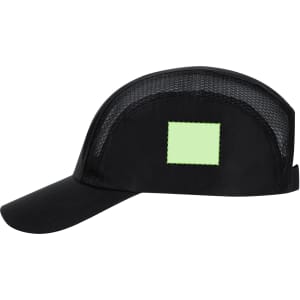 A black cap featuring a mesh back and a blank rectangular patch for customisation.