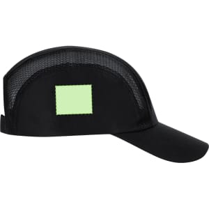 A black cap with a mesh back and a rectangular patch design in light green. Features a curved brim.