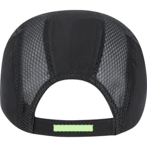 A black cap featuring a mesh design at the back and an adjustable strap. It has a small logo.